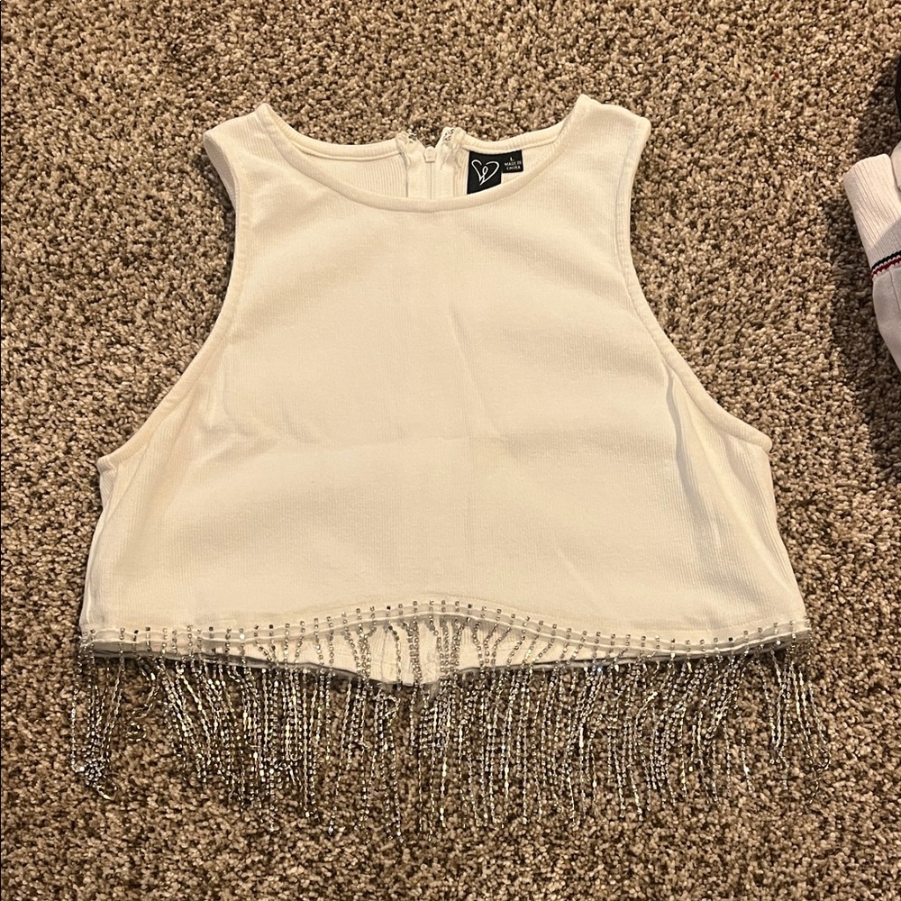 Windsor White Crop Top with Silver Fringe